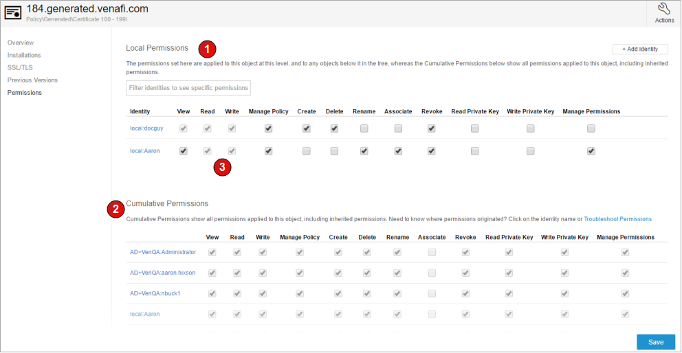 Permissions panel for certificates in the Aperture console