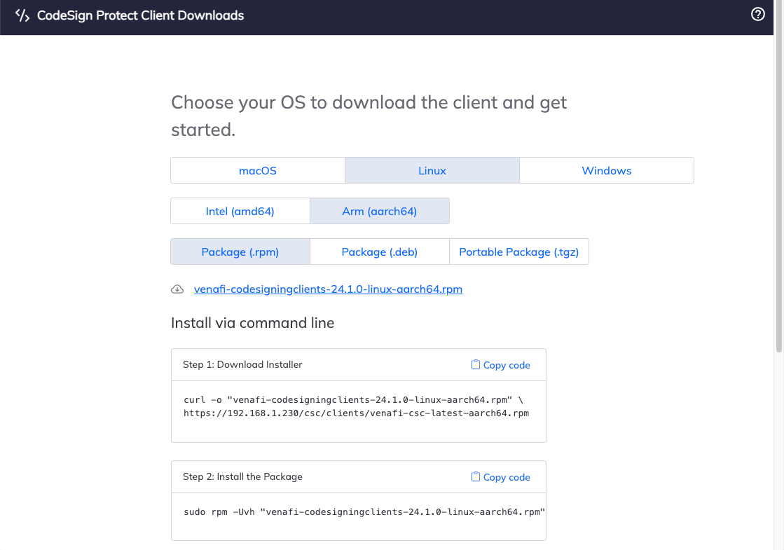 The Client Downloads page lets you choose the operating system and architecture of the client you want to download.