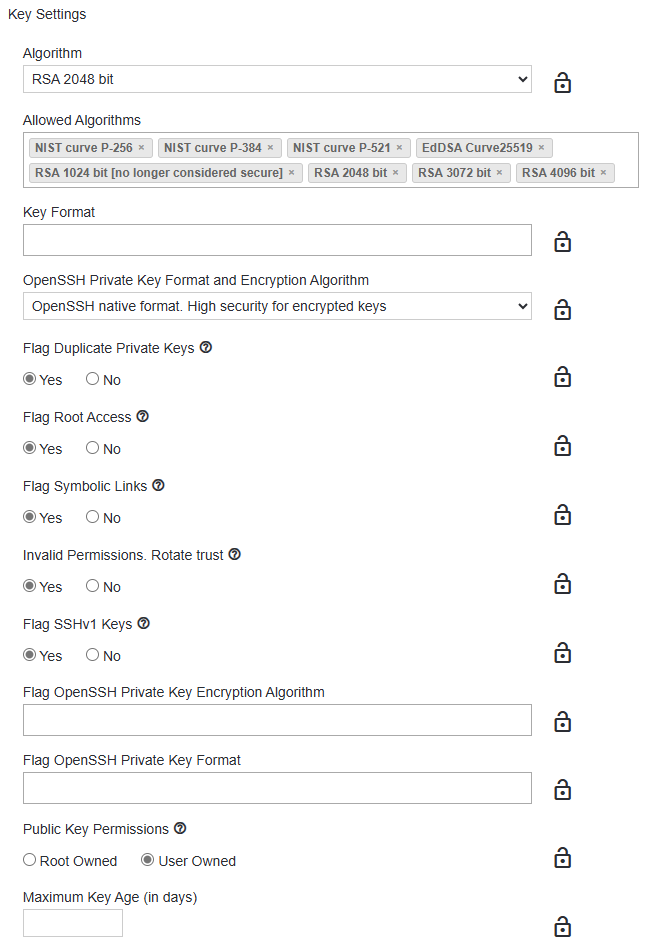 SSH Policy folder - Key settings group - list of settings available in group