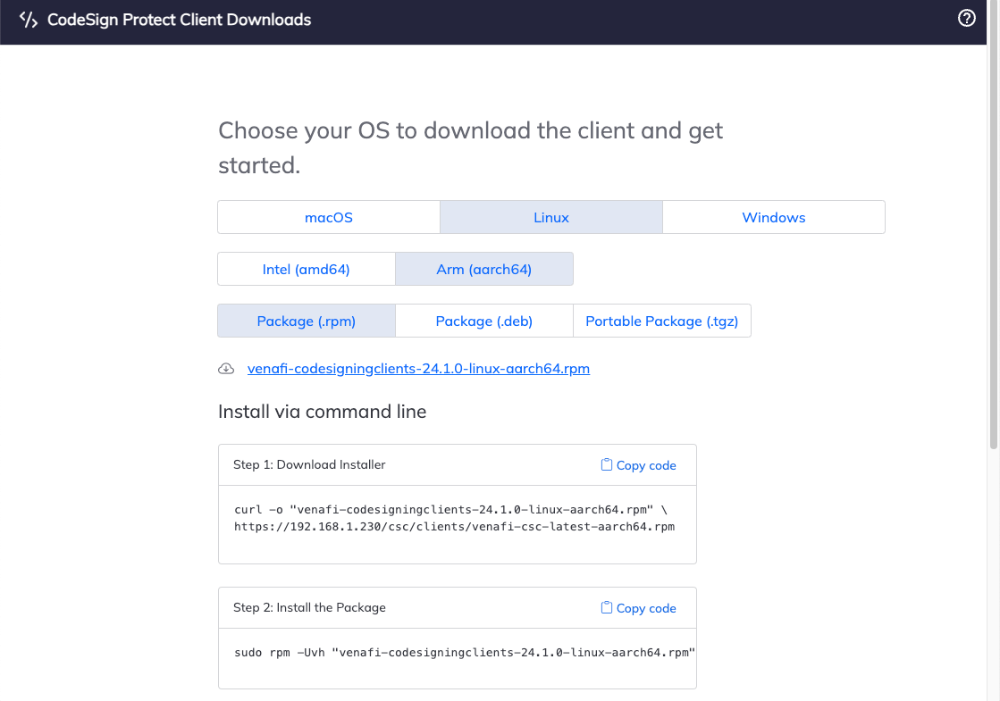 CodeSign Protect Client Downloads page lets you choose the operating system and architecture of the CodeSign Protect client you want to download.