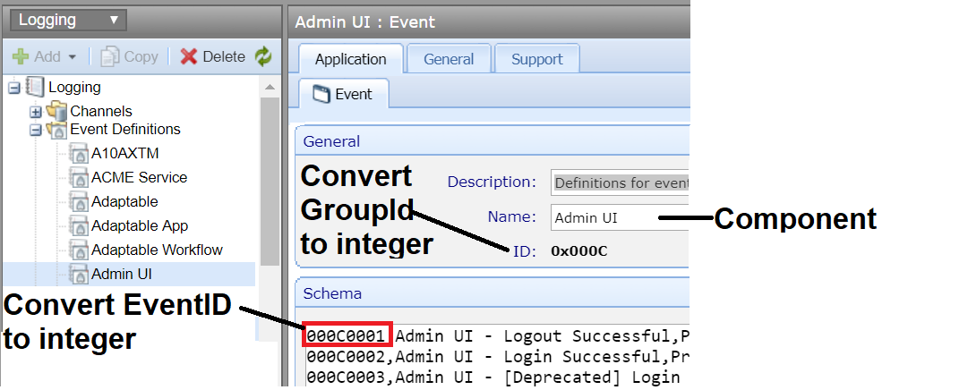 In the UI, Event and Group IDs use the hexcadecimal format