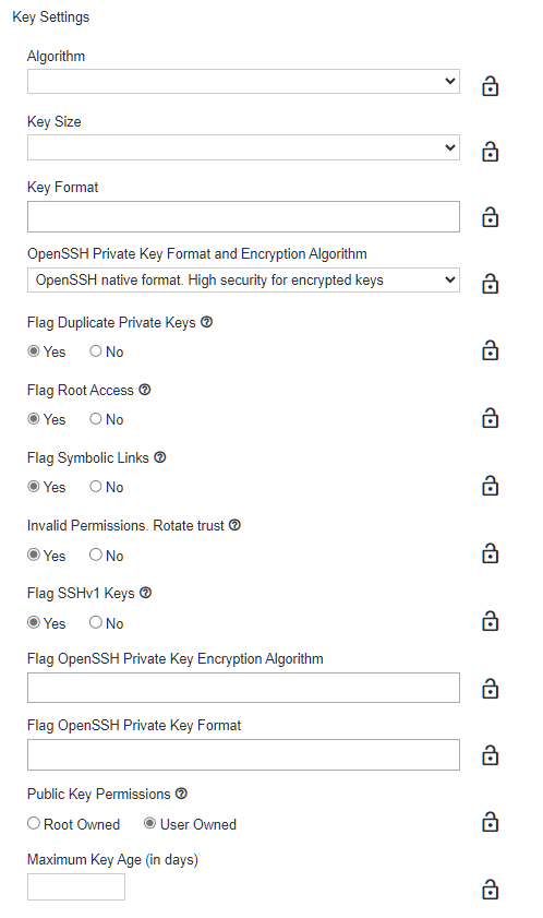 SSH Policy folder - Key settings group - list of settings available in group