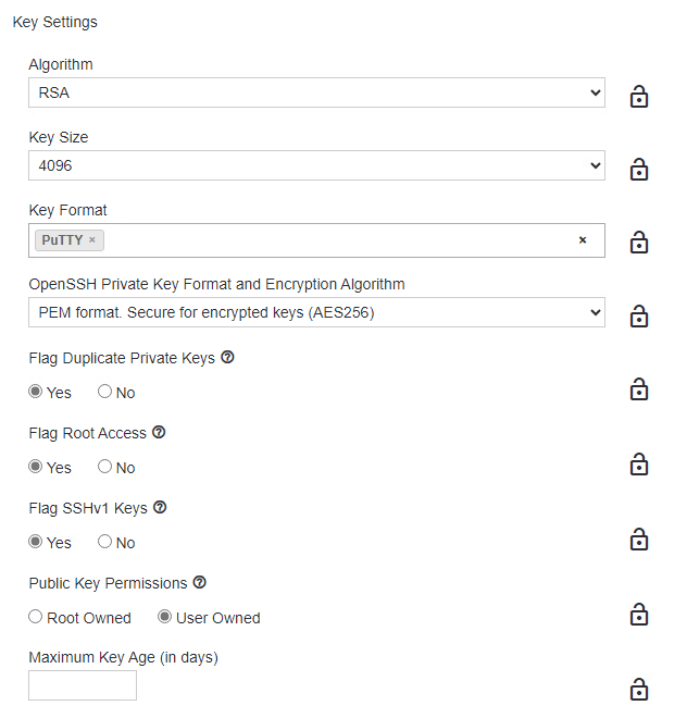 SSH Policy folder - Key settings group - list of settings available in group